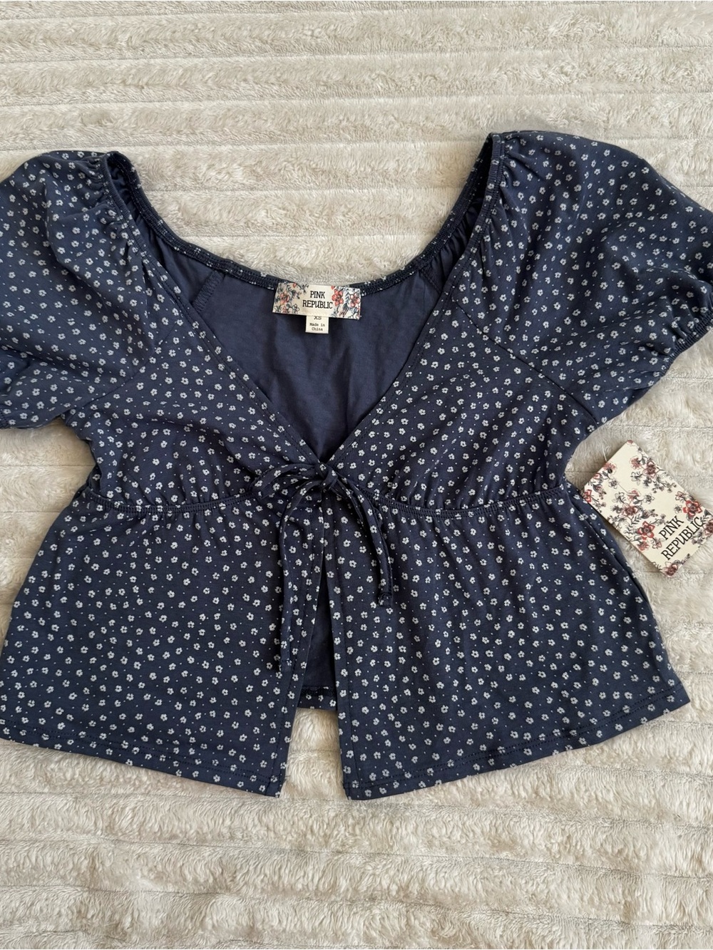 Pink Republic Navy Floral Tie-Front Peasant Blouse